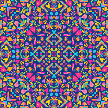 Colorful Mexican Otomi. Seamless floral folk art Vibrant neon pattern. Geometric kaleidoscope motifs with rainbow colors. Bright bohemian textile, Psychedelic, ornamental, symmetric and fabric design.