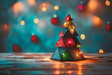 Illuminated geometric christmas tree crafted from luminous neon triangles for festive decor