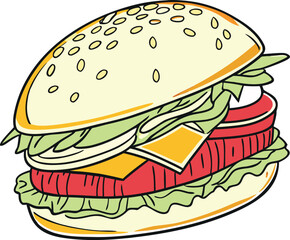 Fresh Burger Clipart – Tasty Burger Vector – Hand Drawn Burger Vector – Cartoon Style Cheeseburger with Lettuce, Tomato and Cheese – Cheeseburger Perfect for Restaurant Menu Design or Food Posters