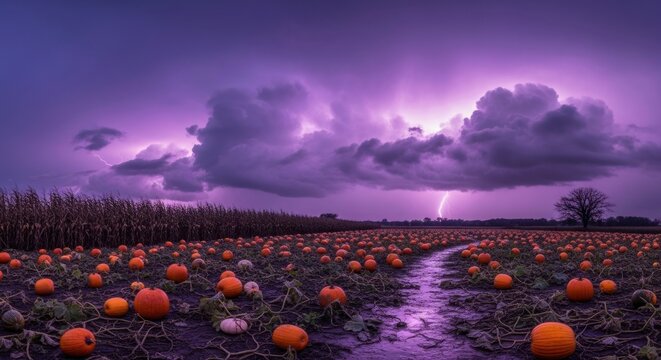 Dramatic lightning strikes over a pumpkin patch at night creating a spooky scene