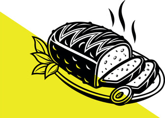 Minimalist Black and White Illustration of a Freshly Baked Loaf of Bread with Slices on a Plate – Stylized Silhouette of Sliced Artisan Bread with Decorative Details in Elegant Line Art