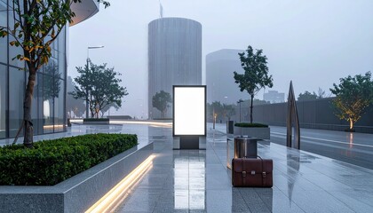 Blank vertical billboard on a wet city street with a briefcase on a foggy evening.