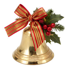 Golden christmas bell with red and gold ribbon isolated on transparent background