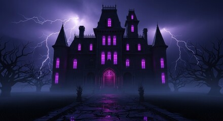 Spooky haunted house with glowing purple windows during a lightning storm at night
