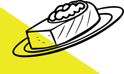 Minimalist Sushi – Line Art Depiction of a Delicious Sushi Dish on a Serving Plate – Illustration of a Salmon Sushi Roll Topped with Creamy Garnish – Sushi Delight – Salmon Roll Sketch