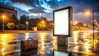 Illuminated Billboard and Briefcase on Wet City Street at Dusk
