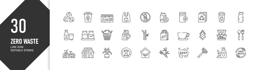 Zero Waste Icon Set: Eco-Friendly Lifestyle Line Icons