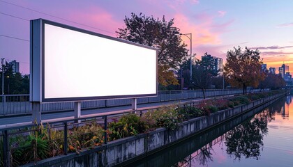 Blank Billboard by Waterway at Sunset with City Skyline and Colorful Sky