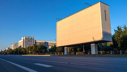 Obraz premium Large Blank Beige Billboard Mockup on an Urban Roadside with a Clear Blue Sky
