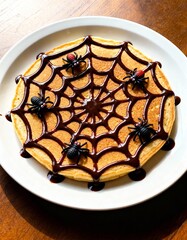 Spider web pancake with chocolate syrup and mini spider candies on white plate dessert idea
