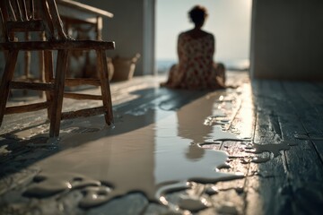 Naklejka premium Emotional Moment of a Person Reflecting Near Spilled Milk on Floor