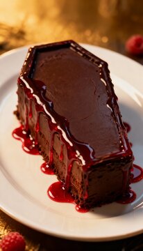 Naklejki Coffin-shaped chocolate cake with red raspberry blood drip on a white plate for Halloween dessert