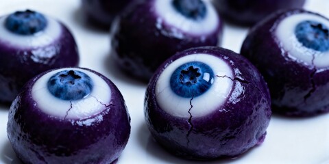 Spooky eyeball mochi with blueberry iris on white background, creepy Halloween dessert candy concept