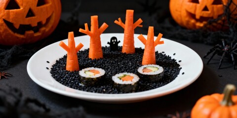 Halloween sushi platter shaped as haunted forest with carrot trees and black sesame gravel