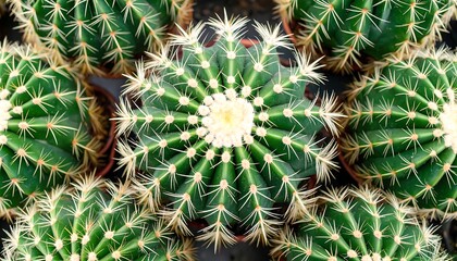 Overhead shot of multiple round, spiky cacti with a bright floral center
