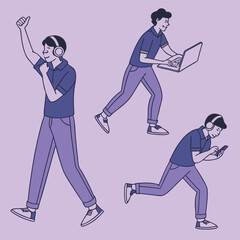 Expressive young man celebrating with music, working on laptop, and using phone on light purple background