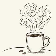 A charming hand drawn illustration of a steaming cup of coffee with decorative swirls and leaves rising from it accompanied by two coffee beans on a subtle ground
