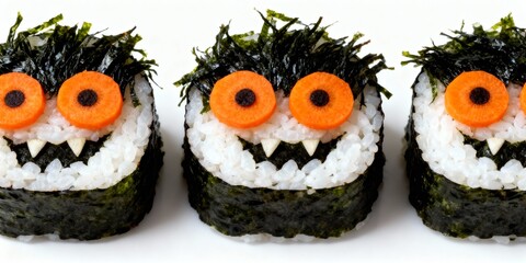 Halloween sushi rolls shaped like monsters with seaweed hair and carrot eyes on white background