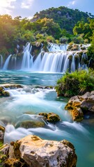 Picturesque waterfall cascading into a turquoise pool