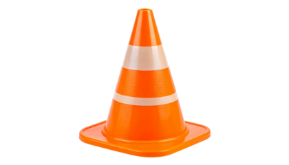 An orange traffic cone with reflective white stripes, commonly used for road safety and construction zones.