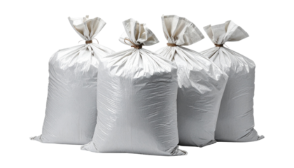 Four tied white bags filled with contents, featuring a smooth, crinkled texture that suggests durability and readiness for disposal or storage.