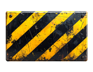 A weathered metal sign features bold yellow and black diagonal stripes, conveying a warning or caution message.
