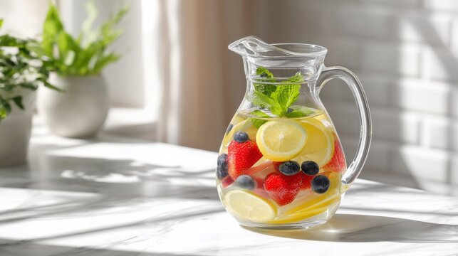 Refreshing Jug of Fruit Infused Water with Lemon, Berries, and Mint - Powered by Adobe