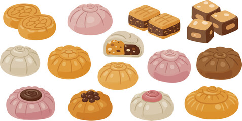Assorted mooncakes, traditional Chinese pastries for Mid-Autumn Festival.
