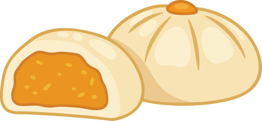 Two halves of a steamed bun with orange filling.