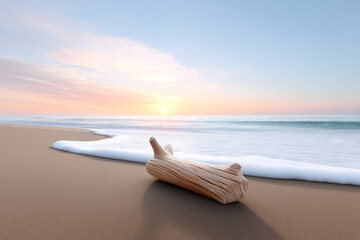 Driftwood rests peacefully on wet sand, bathed in sunset warm glow