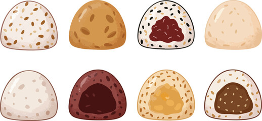 A collection of various Japanese mochi and rice cakes with different fillings and toppings, presented as an illustration.