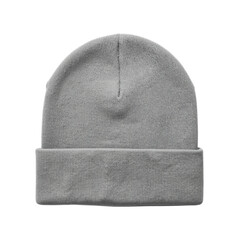 A closeup studio shot of a grey knitted beanie hat, isolated on transparent background