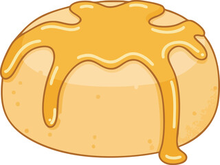 A close-up illustration of a sweet, golden-brown pastry with a generous drizzle of caramel.