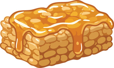 A piece of honey-covered granola bar, angled view, showing the sugary topping.