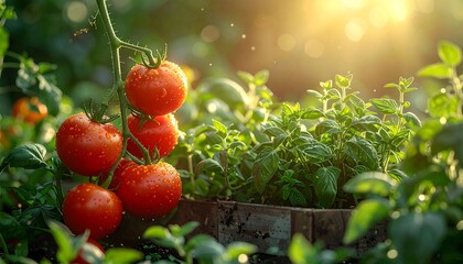 Ripe tomatoes on vine in garden