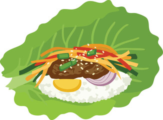 Lettuce wrap with rice, meat, vegetables, and sesame seeds.