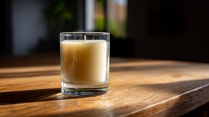 Unlit jar candle in clear glass on wooden table with sunlight, cozy home interior