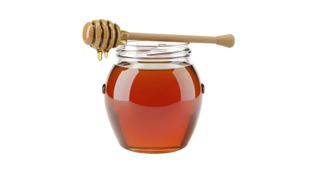 Delicious organic honey jar with dipper for healthy breakfast and sweet dessert food photography product shot transparent background