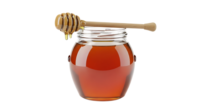 Delicious organic honey jar with dipper for healthy breakfast and sweet dessert food photography product shot transparent background