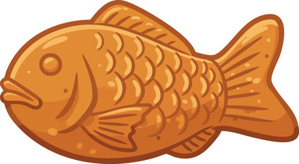 A golden-brown, cartoon-style Taiyaki, a Japanese fish-shaped pastry, isolated on white.