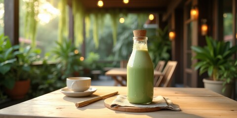 Refreshing Matcha Drink in Cozy Cafe Setting Surrounded by Nature