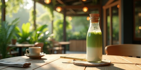 Refreshing Matcha Drink in a Cozy Garden Cafe Setting