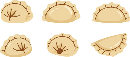 A collection of six cartoon-style dumplings, some with decorative lines suggesting filling, arranged in two rows on a white background.