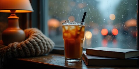Cozy Cafe Scene with Iced Tea by Window on Rainy Day