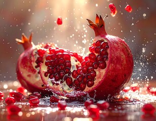 Pomegranate halves with splashes
