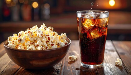 Popcorn and soda on a wooden table