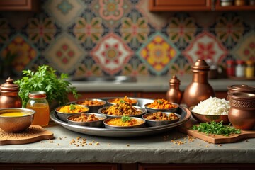 Vibrant Vegetarian Thali in Cozy Kitchen Setting with Spices