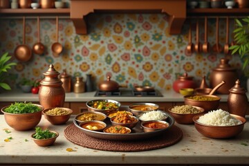 Elegant Vegetarian Thali Display in a Bright Kitchen Environment