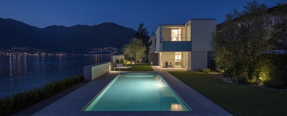 Modern villa with a tranquil pool overlooking a lake at twilight.  The serene setting features contemporary architecture, a refreshing pool, and outdoor lighting accents the tranquil ambiance.