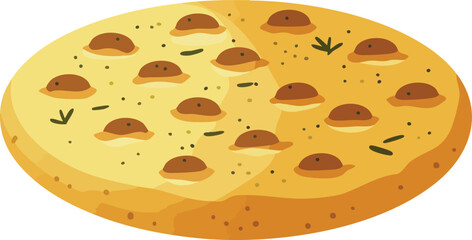 A simple cartoon illustration of a whole round pizza or focaccia bread with toppings and herbs.